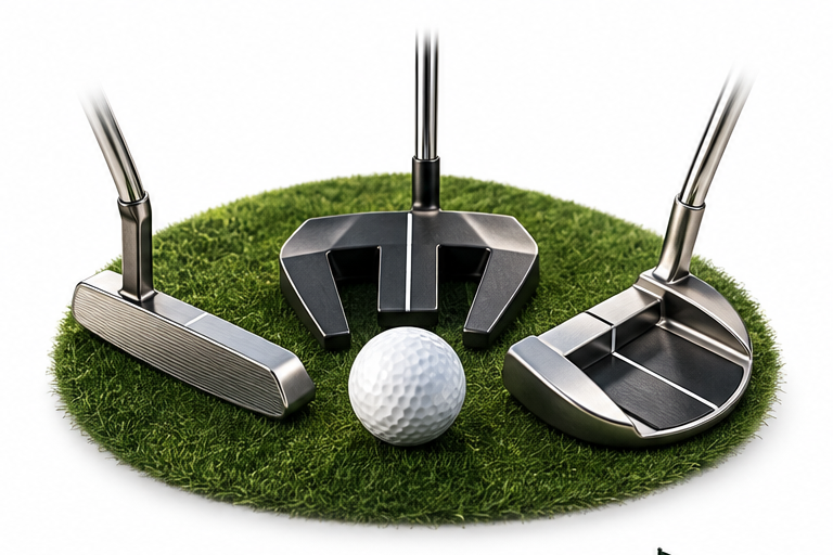 Three golf clubs beside a ball on the green