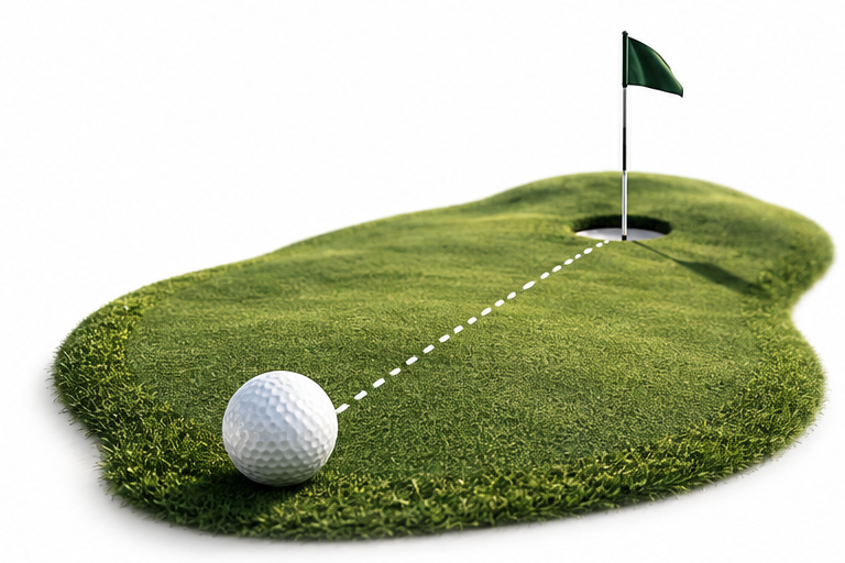 Golf ball and flag connected by a dotted distance line