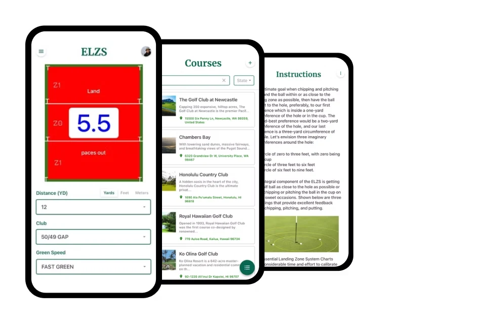ELZS app calculator, courses and instruction screens